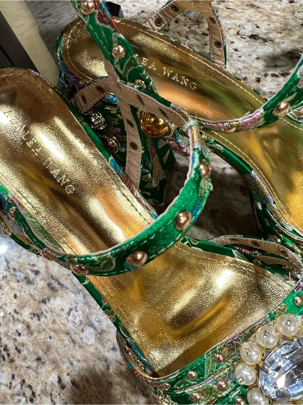 AZALEA WANG ANNIE STRAPPY EMBELLISHED CHUNKY SANDAL IN GREEN 10